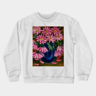 bright and colorful abstract flowers in a deep blue vase. Crewneck Sweatshirt